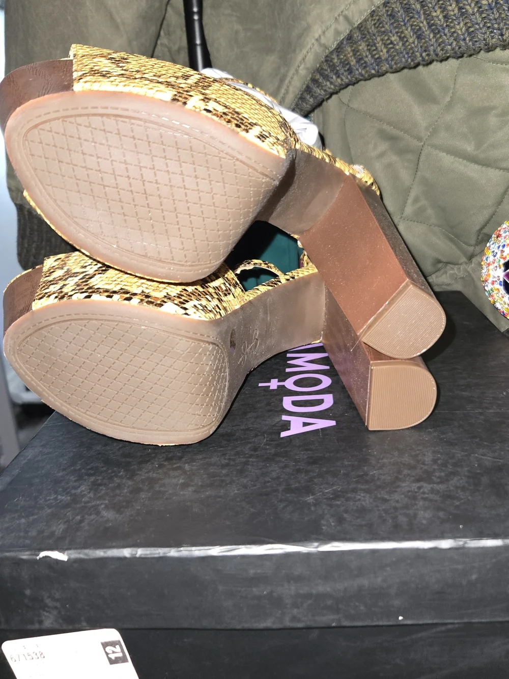Jessica Simpson Dany Yellow Snake-Print Platform Heels with Wood-Look Block Heel